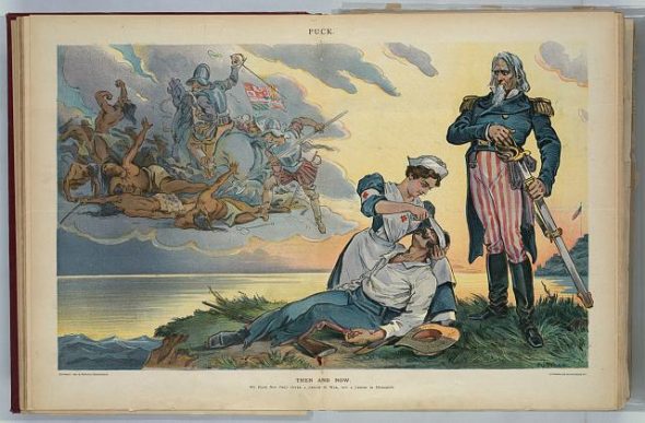 Print shows a nurse attending to a fallen Spanish soldier as Uncle Sam returns his sword to its scabbard; in the upper left, a scene shows Spanish conquistadors attacking Natives. from library of congress